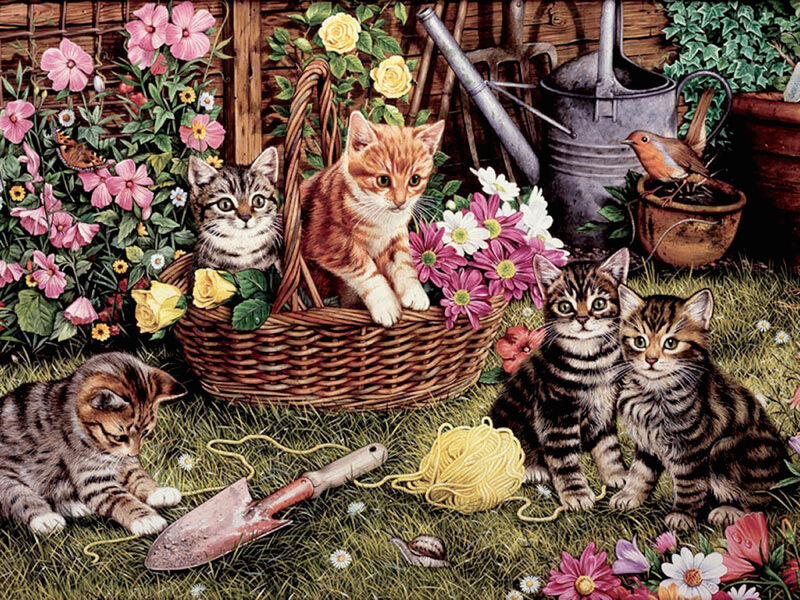 Kittens in Garden — Green, Peaceful, Spring, Illustration, Basket