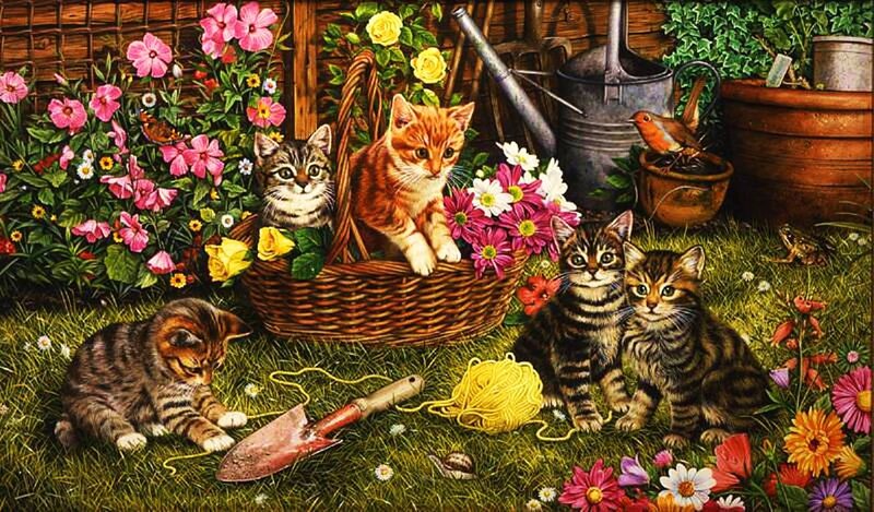 Kittens in Garden — Green, Peaceful, Spring, Illustration