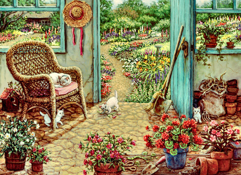 Kittens in Garden — Green, Serene, Afternoon, Painting