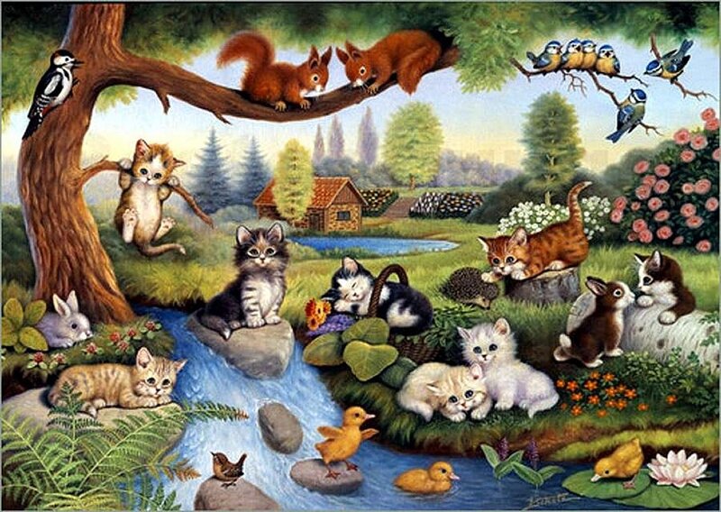 Kittens in Garden — Green, Serene