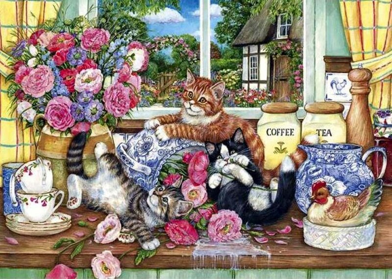 Kittens on a Windowsill — Blue, Cheerful