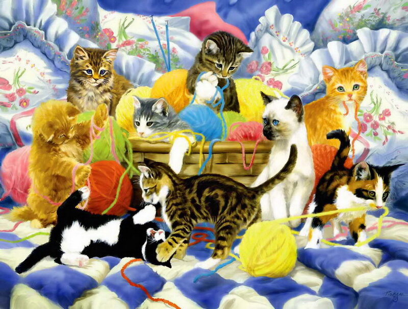 Kittens Playing with Yarn — Blue