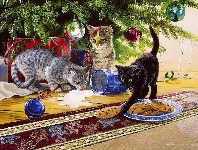 Kittens under Christmas Tree — Green