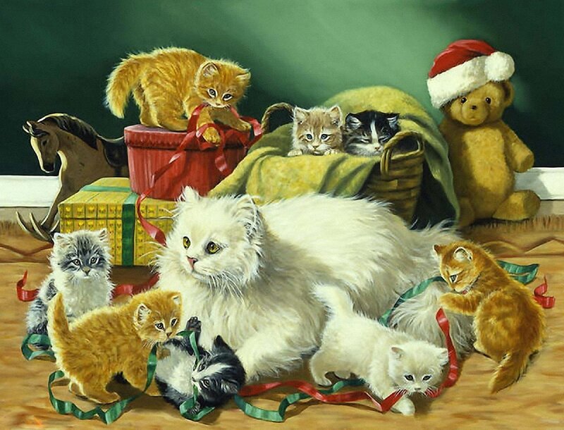 Kittens with Mother Cat — White