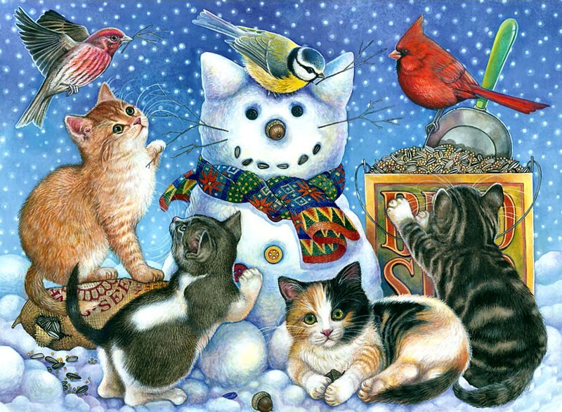 Kittens with Snowman — Blue, Festive