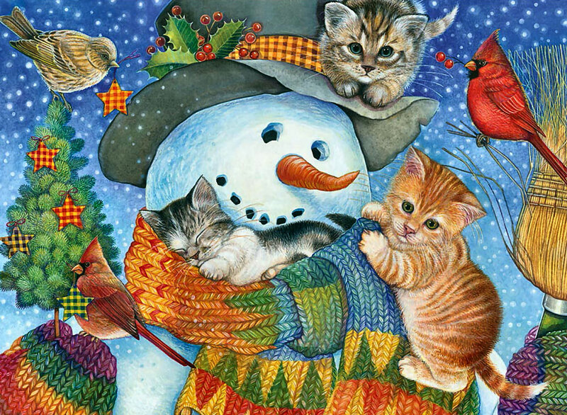 Kittens with Snowman — Blue