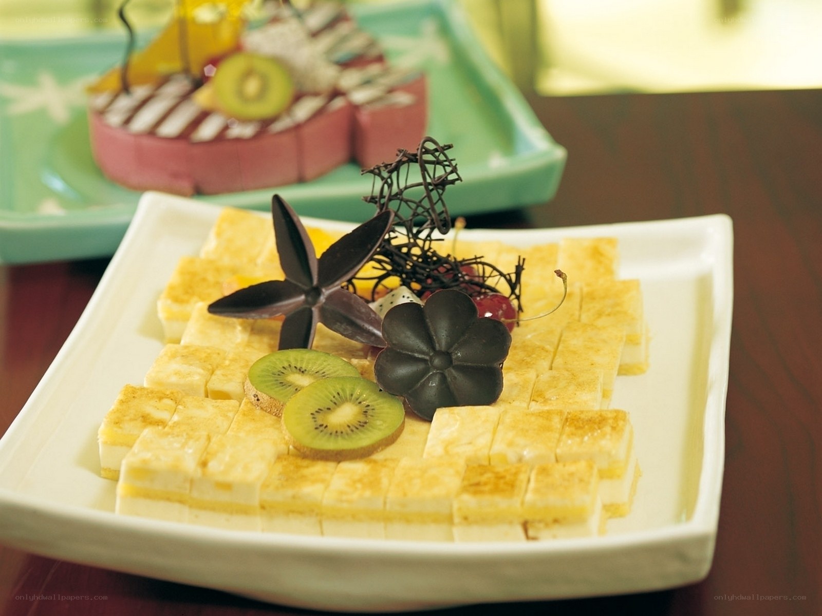 kiwi dessert with chocolate garnish