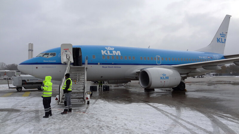 KLM Airplane on Tarmac — Blue, Overcast