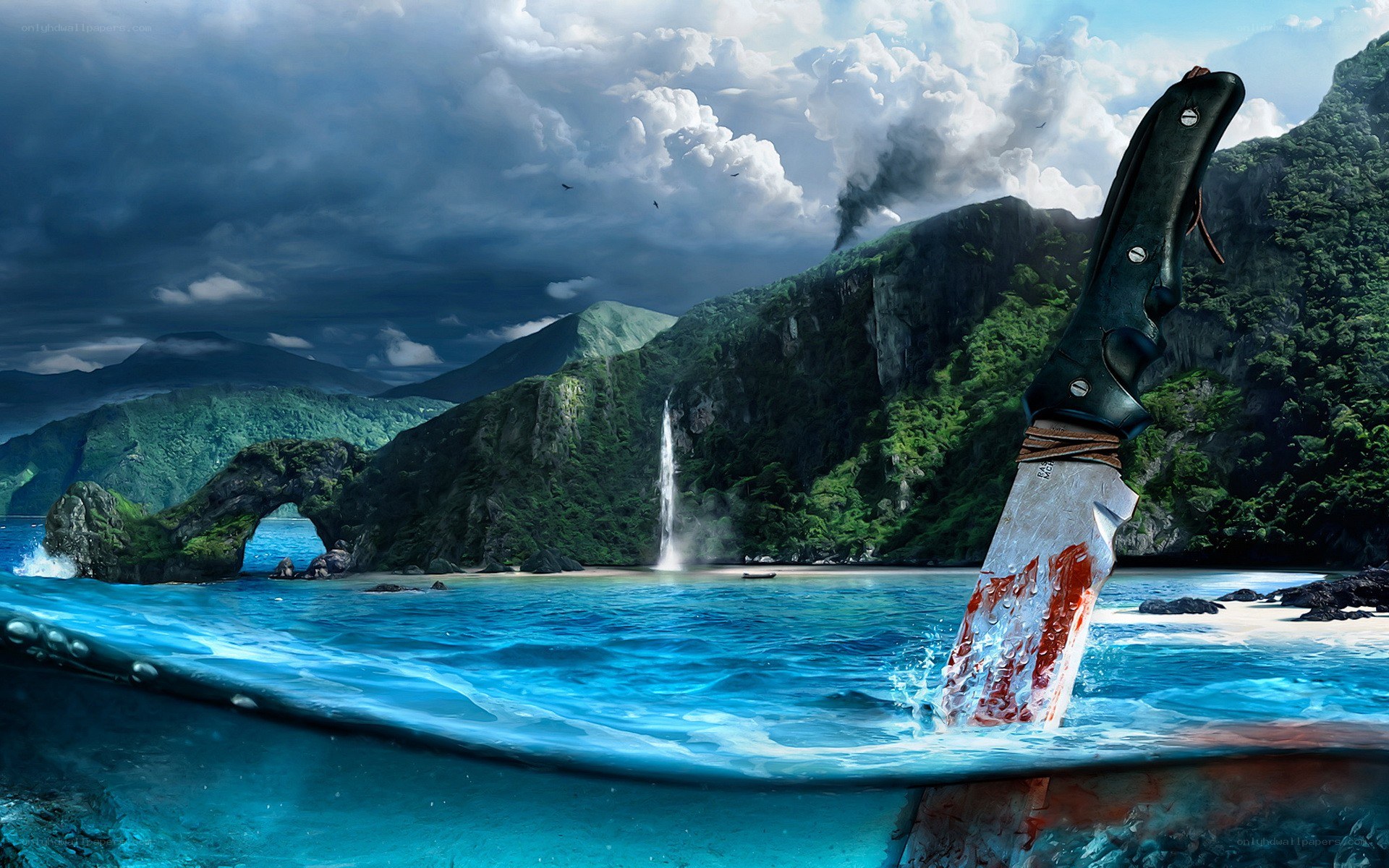 Knife in ocean with island