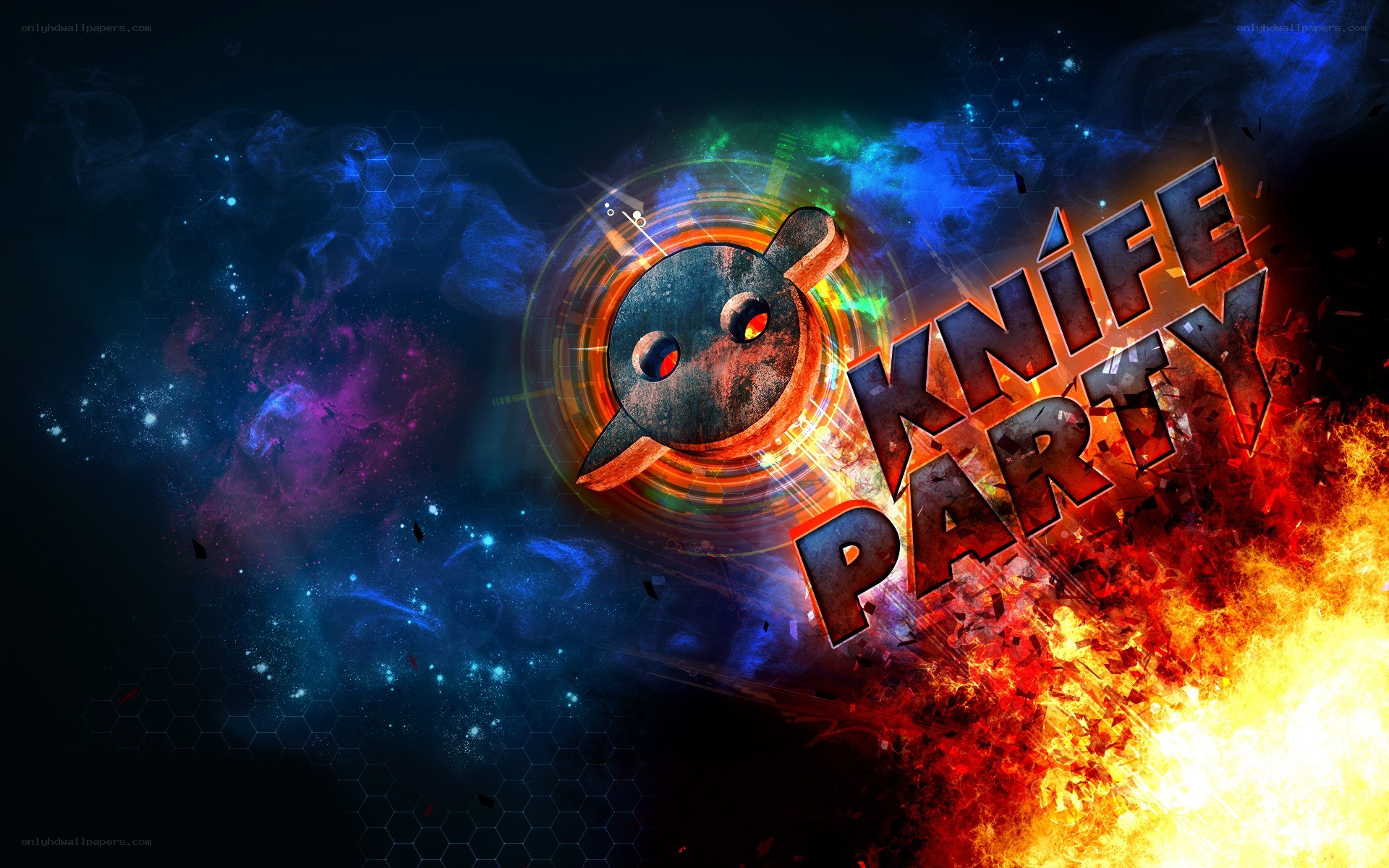 Knife Party logo with cosmic background