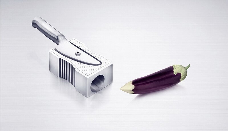 Knife-shaped pencil sharpener with eggplant