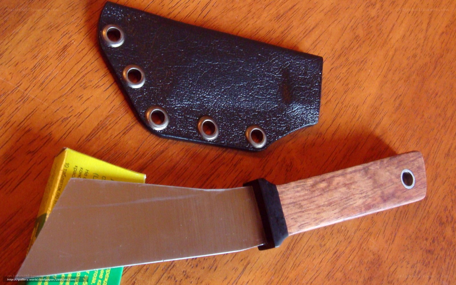 knife with sheath on wood