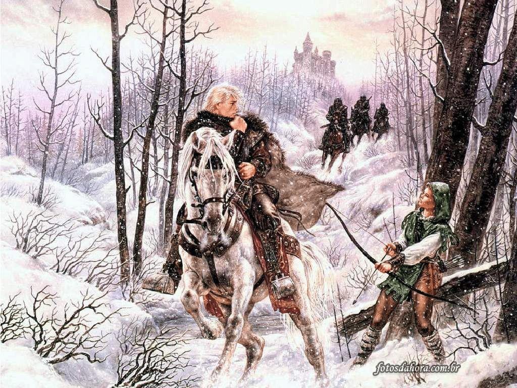 Knight and archer in winter forest