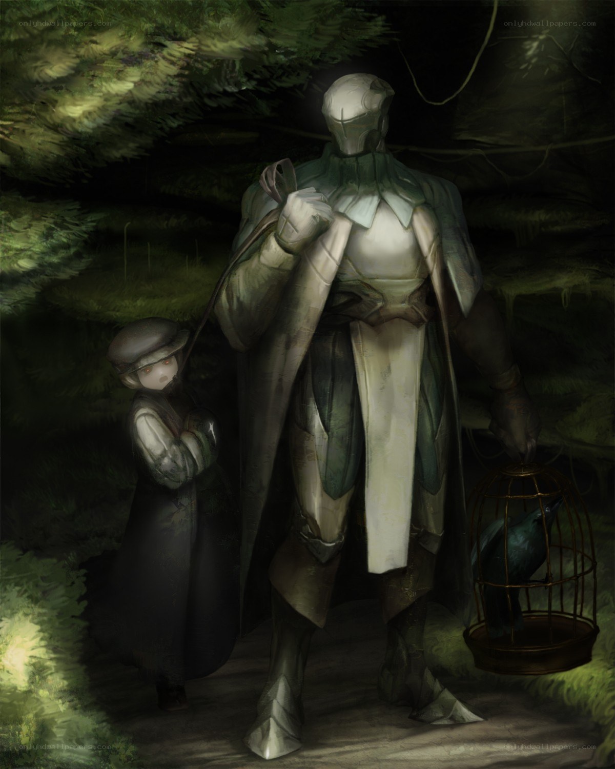 Knight and child in a forest