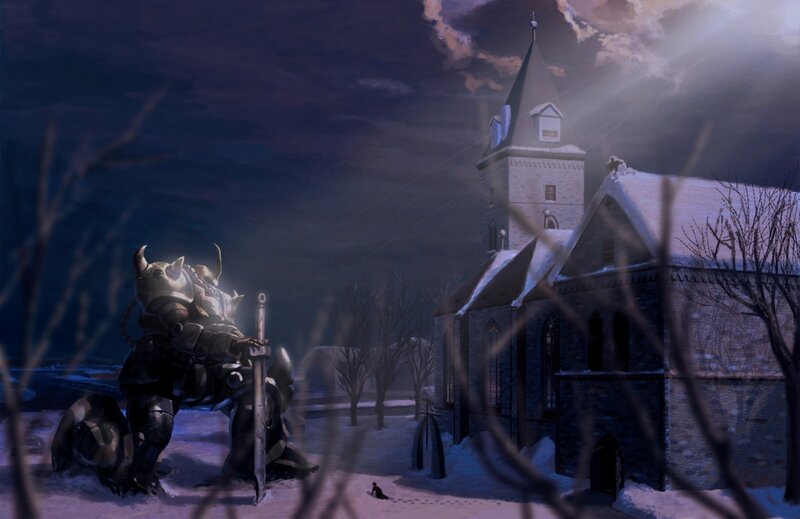 Knight and church in winter