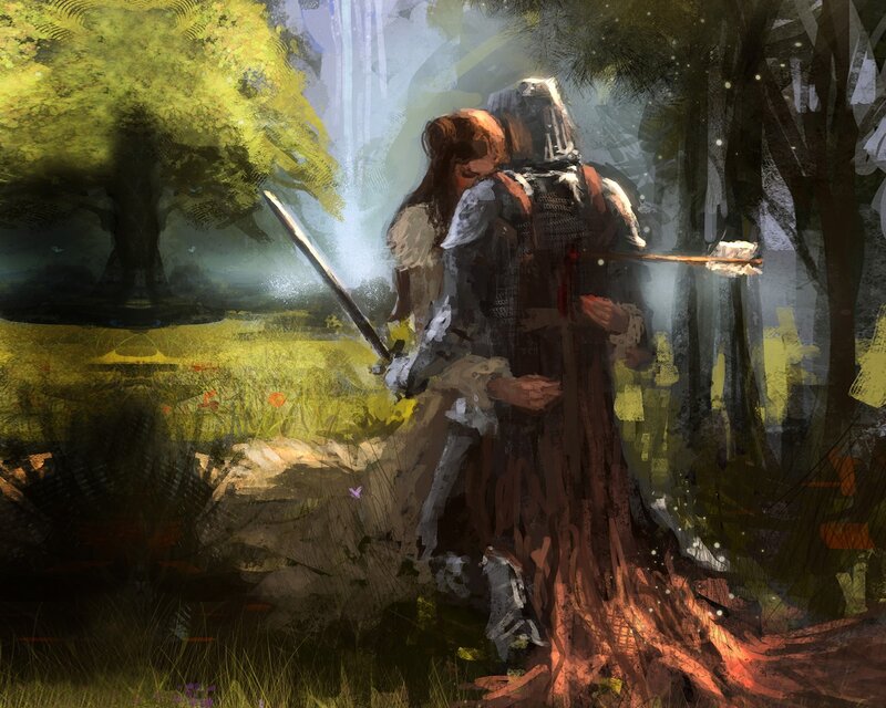 Knight and companion in forest