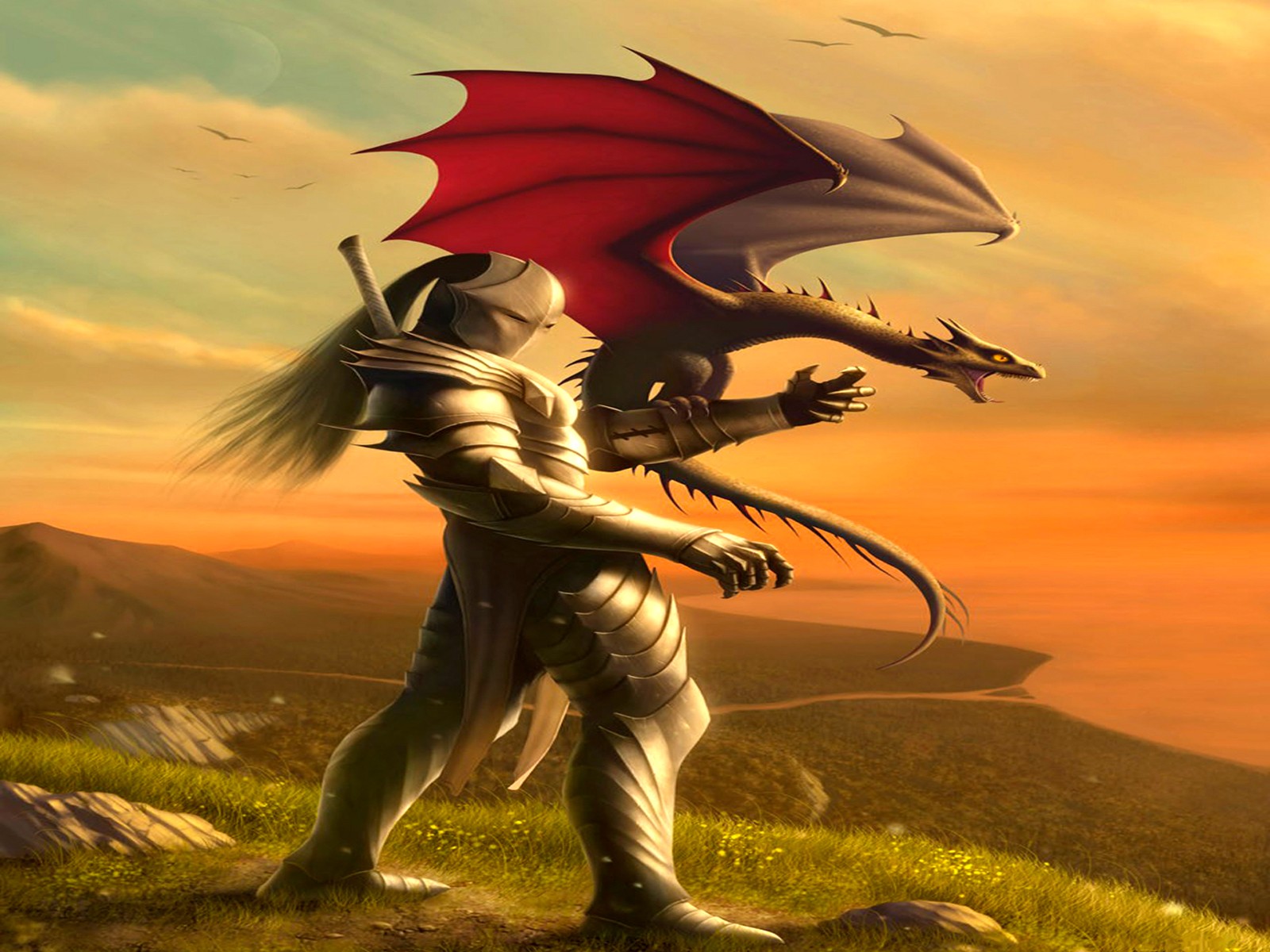 Knight and dragon at sunset