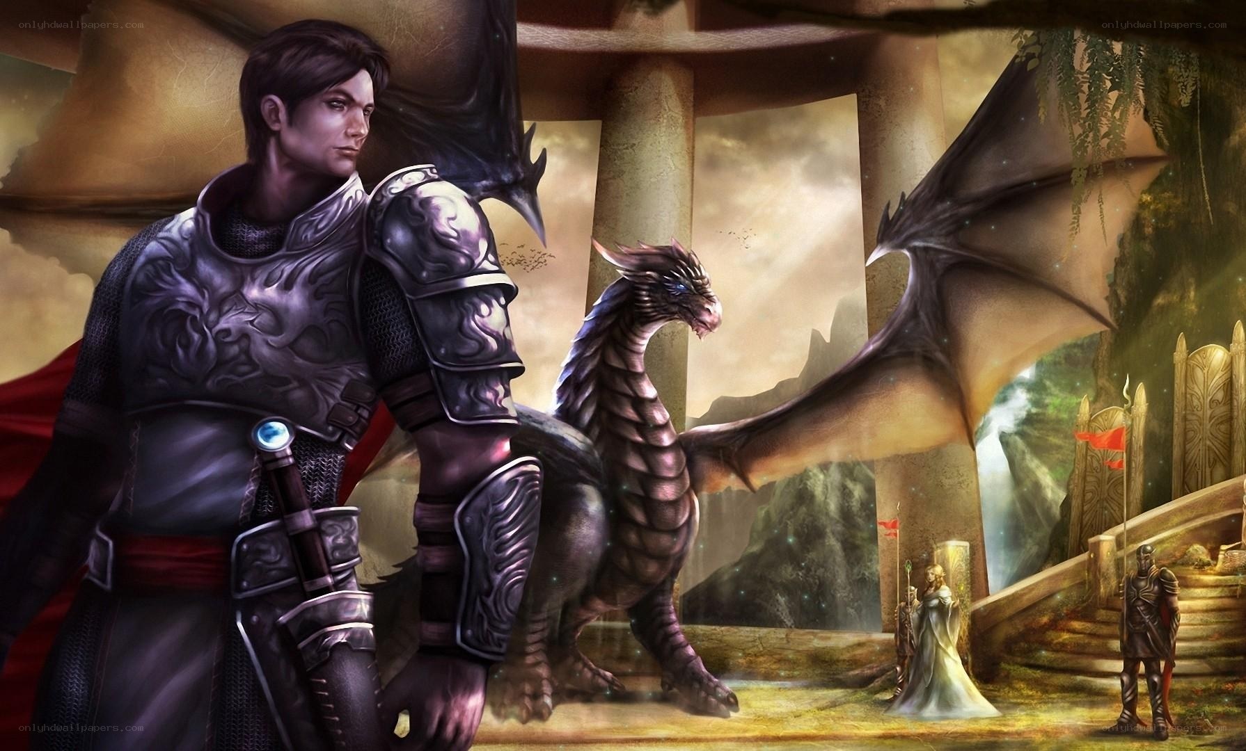 knight and dragon in ancient ruins