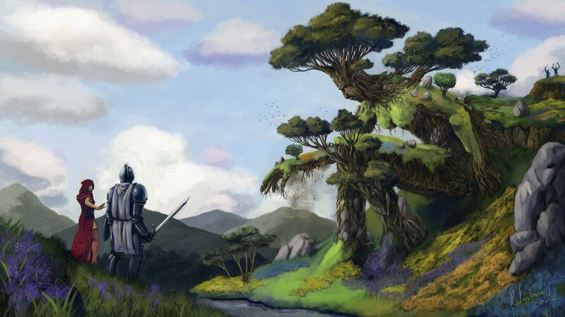 Knight and mage in fantasy landscape