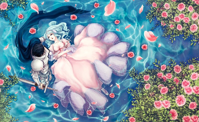 Knight and princess in a rose garden