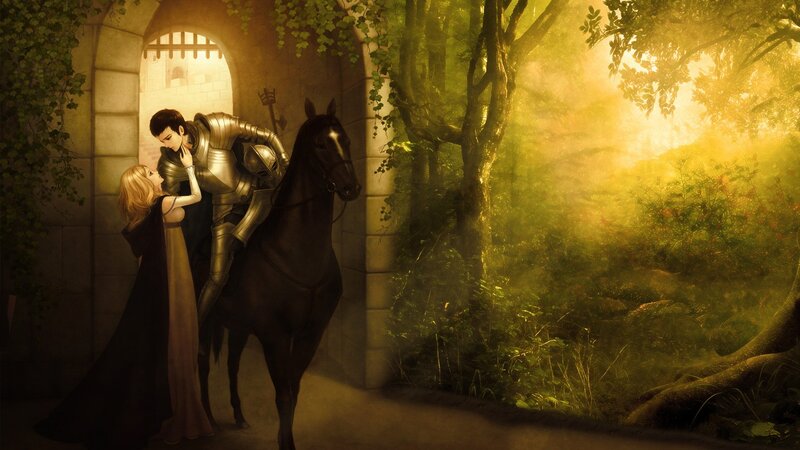 Knight and Woman Embracing — Gold, Dramatic