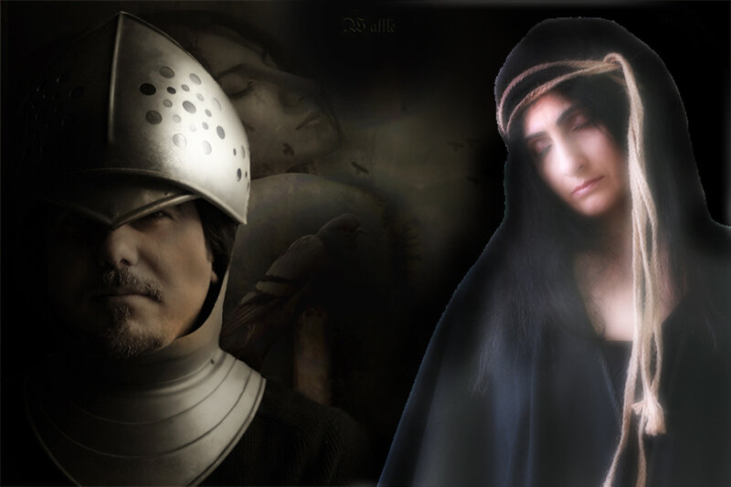 Knight and woman in dark scene