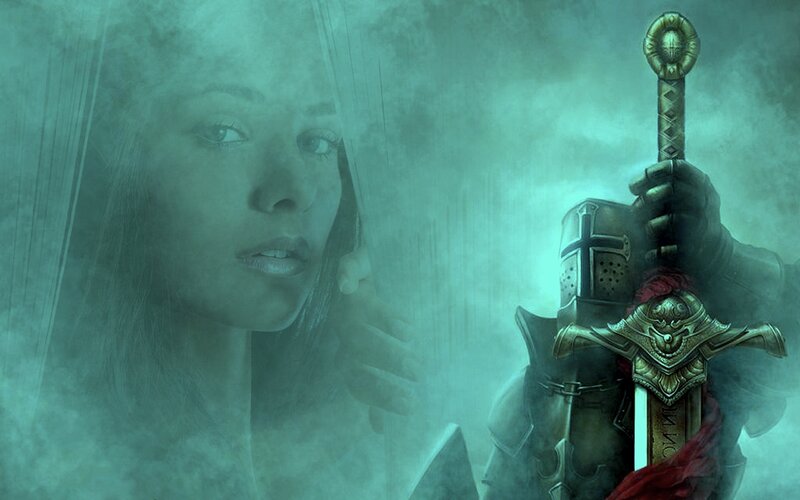 knight and woman in mist