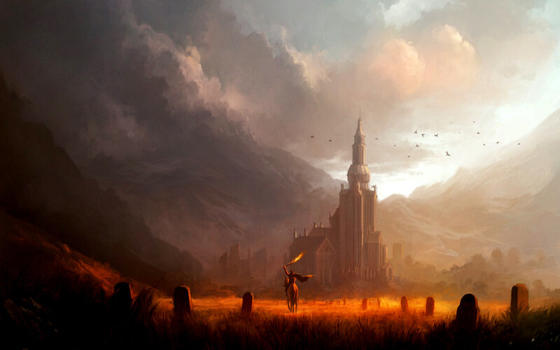 Knight approaching a cathedral