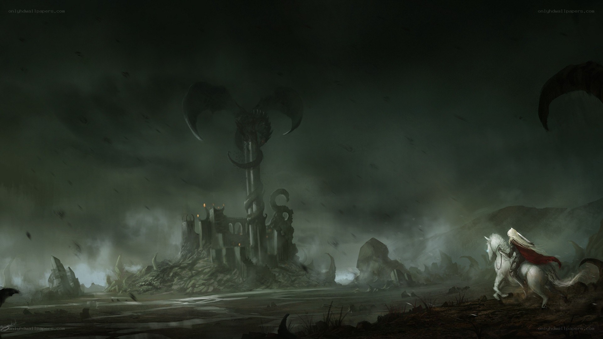 Knight approaching a dark fortress