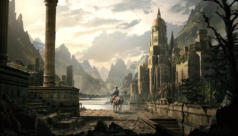 Knight approaching ancient city