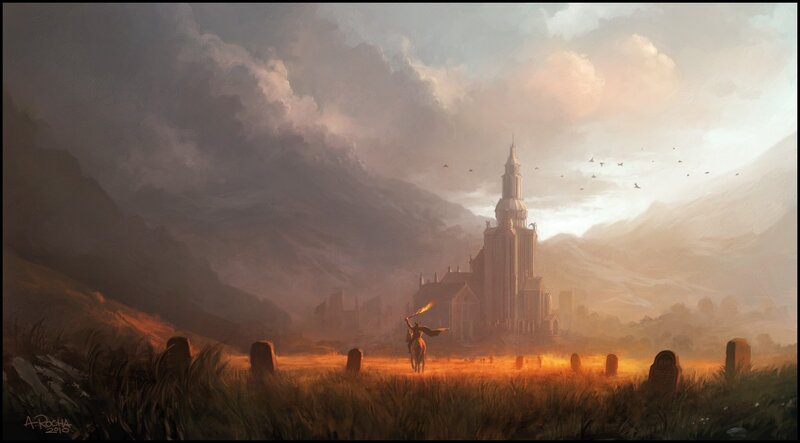 Knight at a castle at sunset