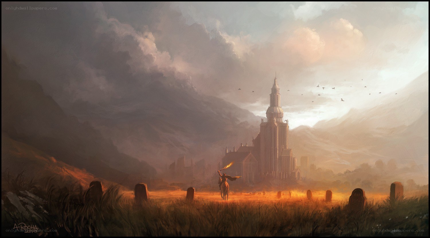 Knight at a castle at sunset