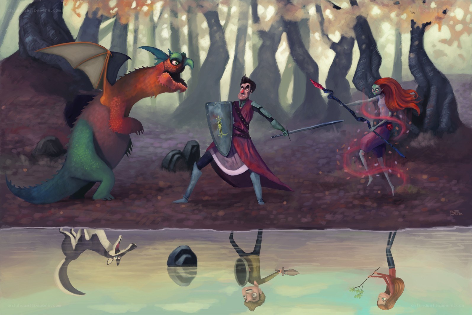 Knight battles dragon and witch