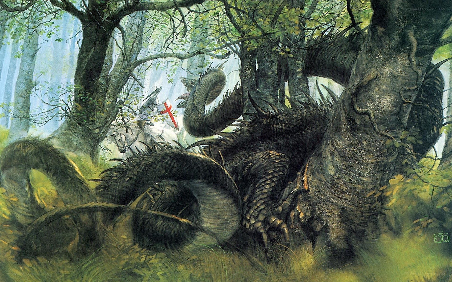 Knight battles forest dragon
