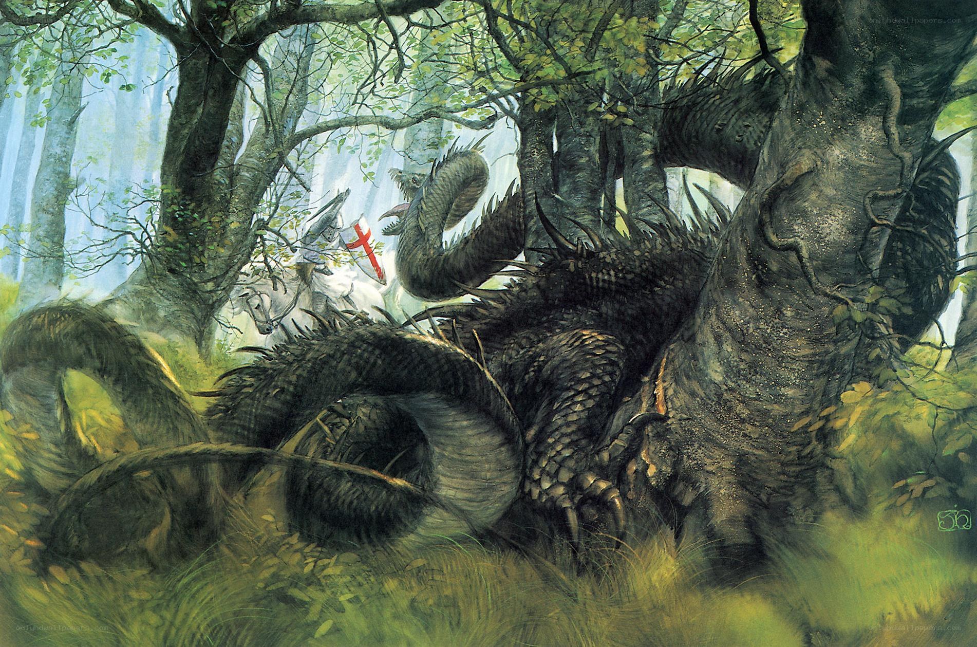Knight battling a forest dragon