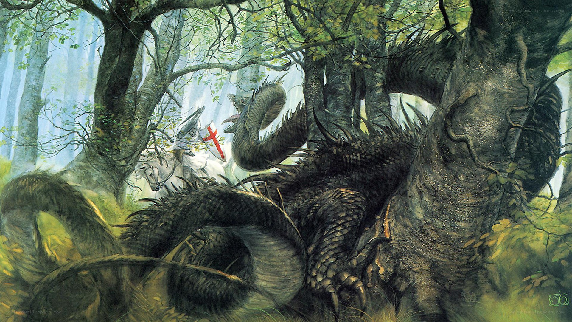 Knight battling a forest dragon