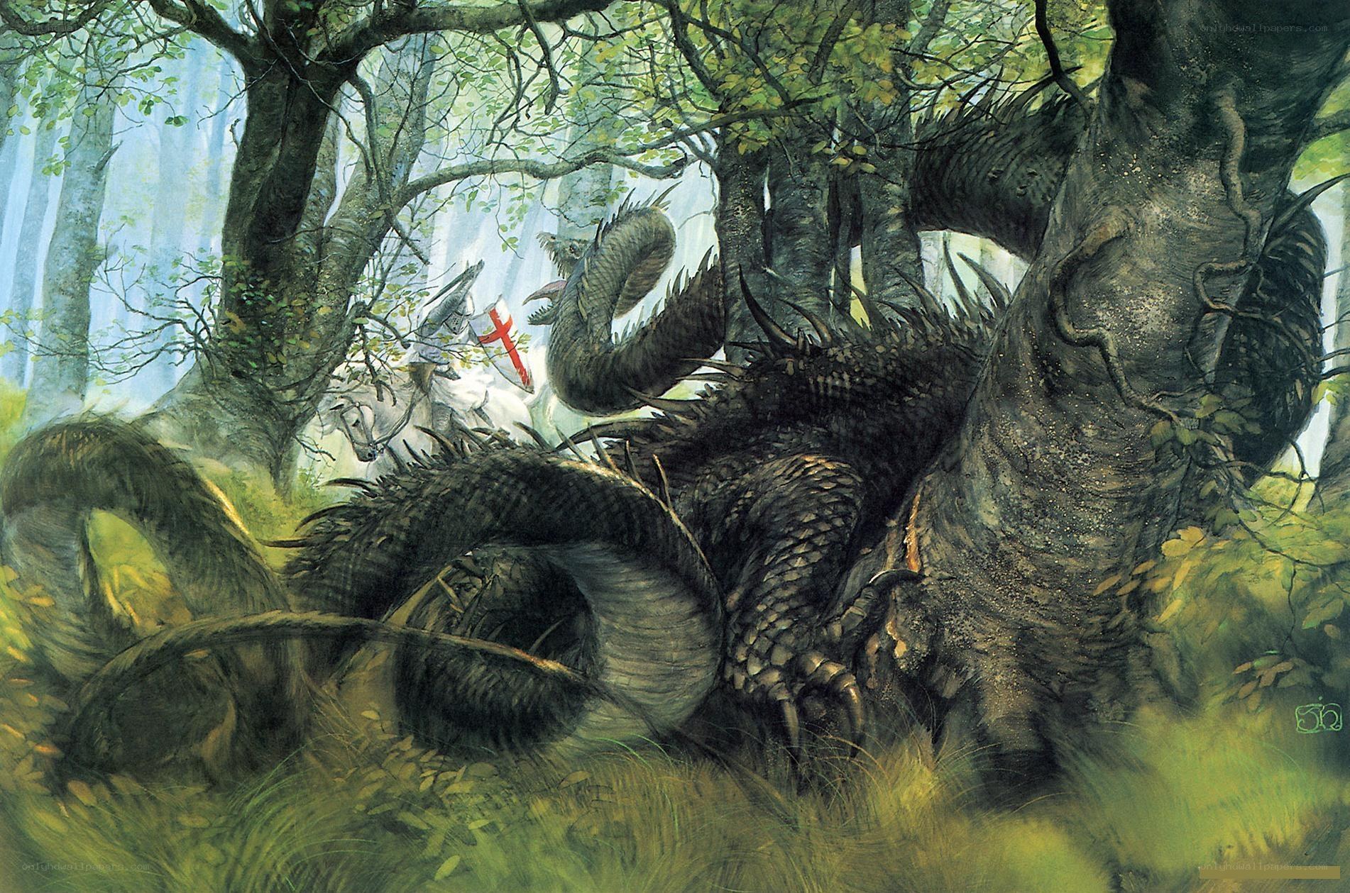 Knight battling a forest dragon