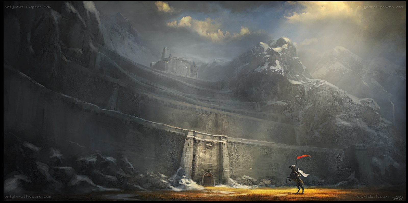 Knight before a mountain fortress