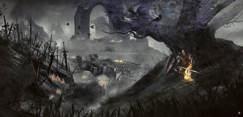 Knight by a Campfire — Gray