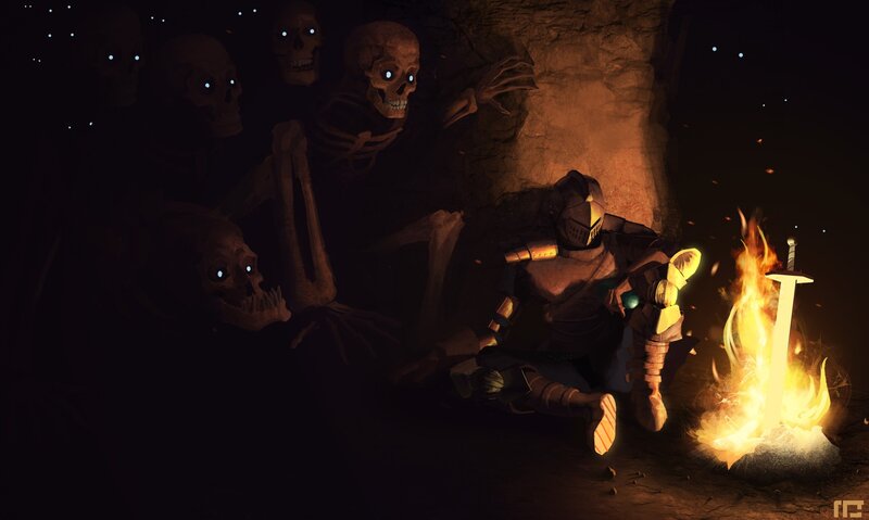 Knight by a campfire with skeletons