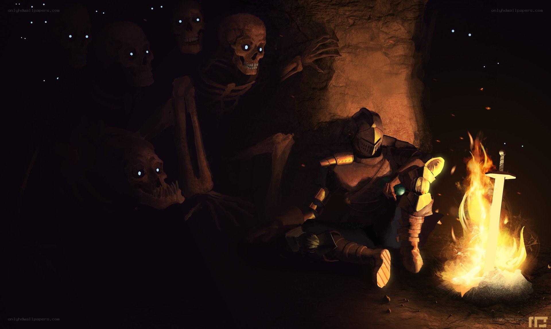 Knight by a campfire with skeletons