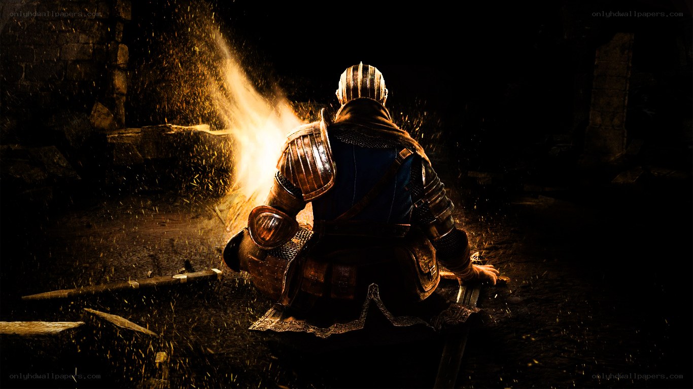 knight by a fire in ruins