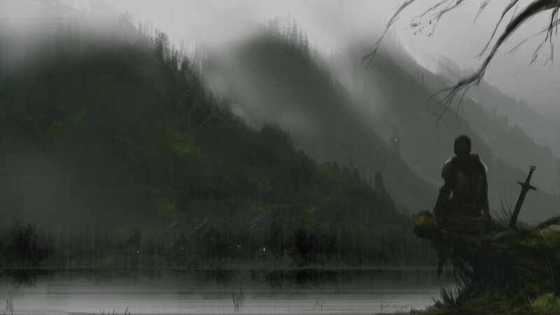 Knight by a misty lake