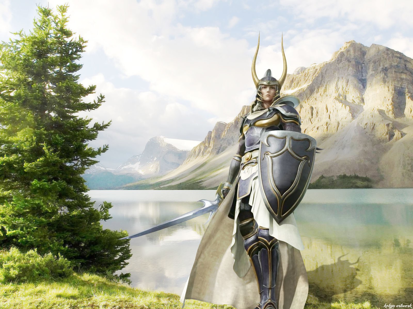 Knight by a mountain lake