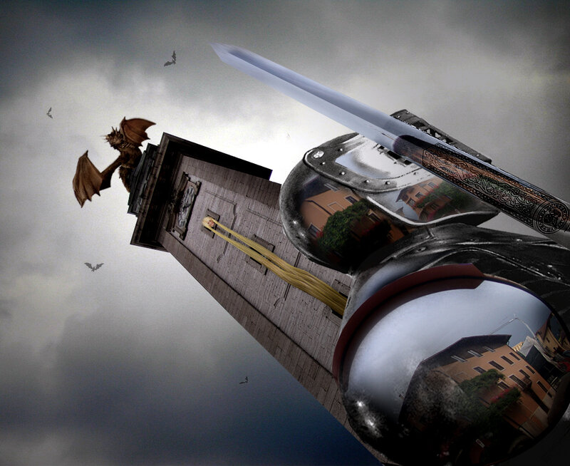 Knight confronting dragon on tower