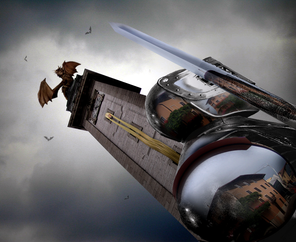 Knight confronting dragon on tower