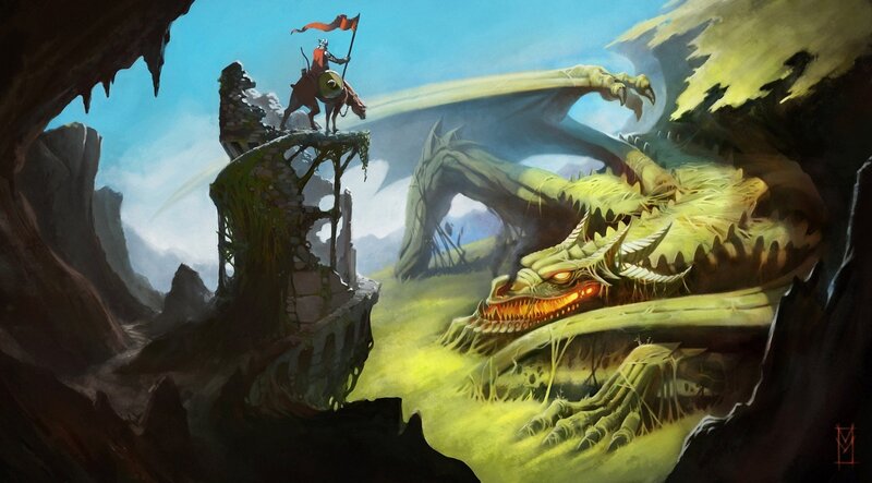 knight confronts a dragon