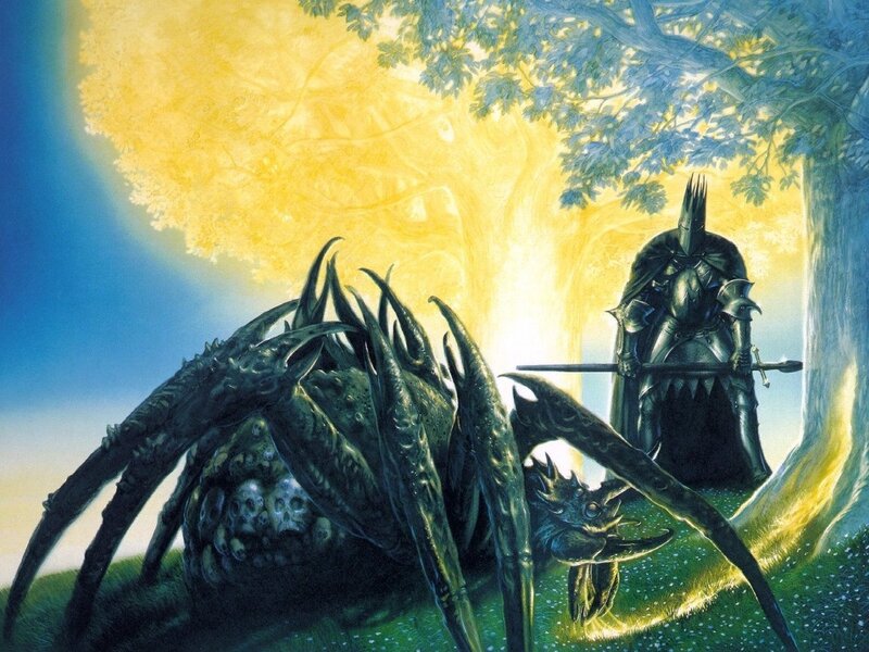Knight confronts giant spider