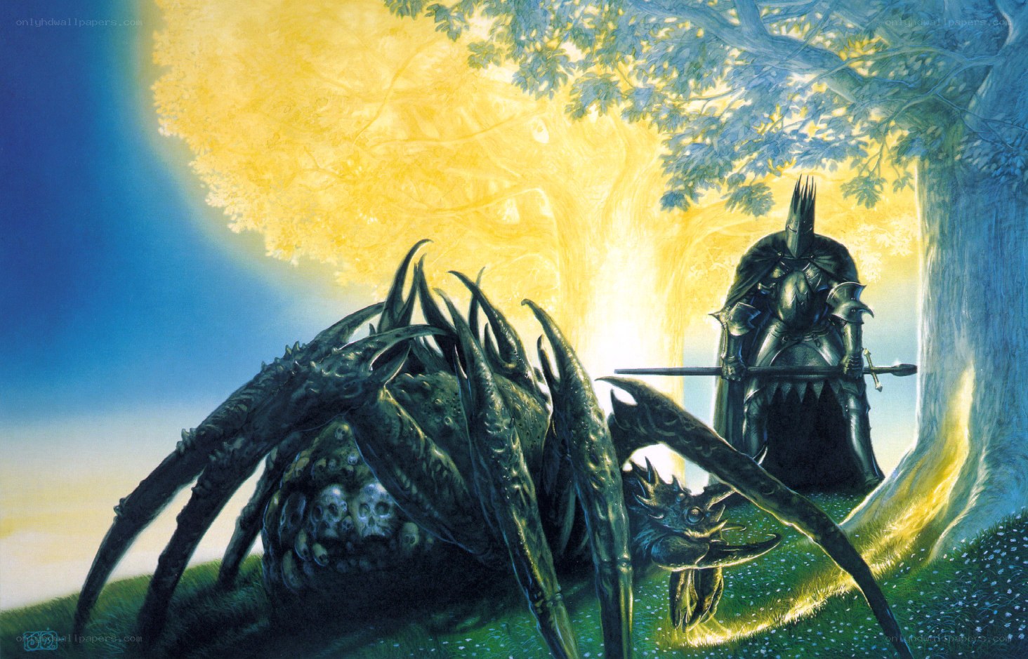 Knight confronts giant spider