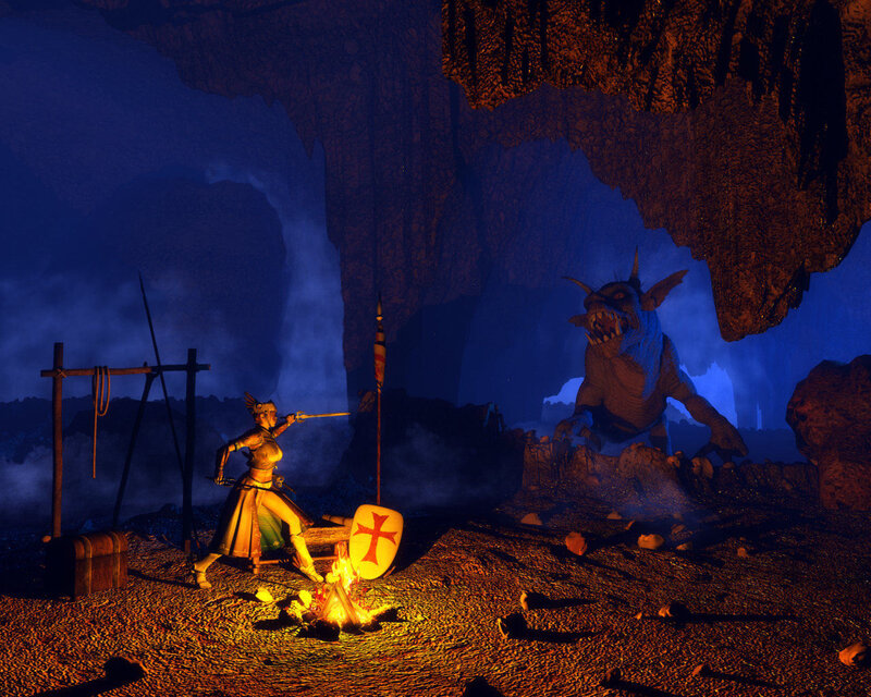 Knight confronts monster in cave